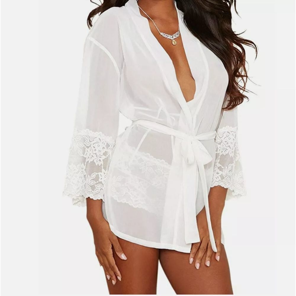 Women Lace Sheer Robe Nightgown Bathrobe Pajamas S